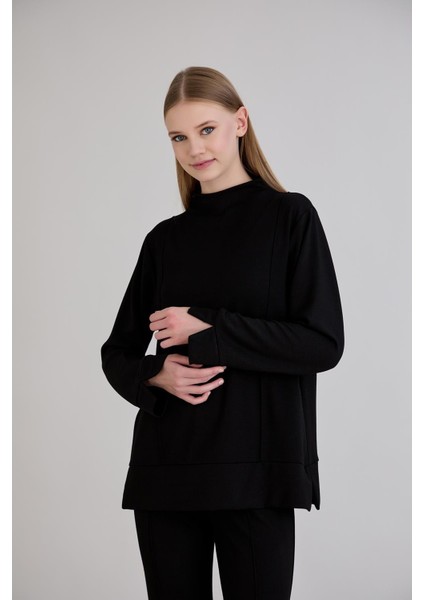Dikiş Detay Bisiklet Yaka Modal Sweatshirt Siyah modelleri