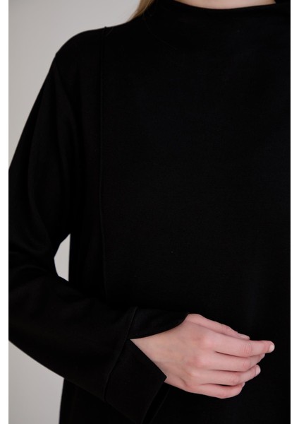 Dikiş Detay Bisiklet Yaka Modal Sweatshirt Siyah