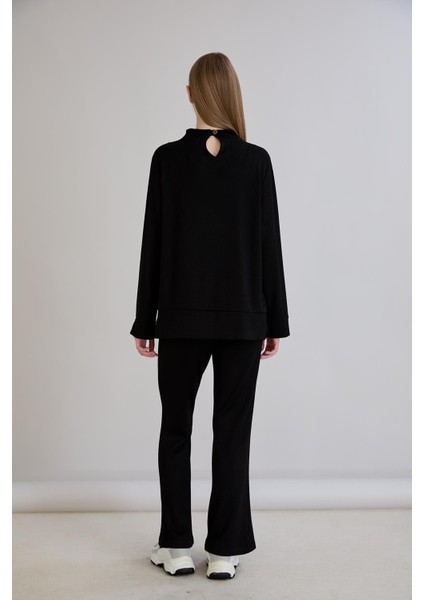 Dikiş Detay Bisiklet Yaka Modal Sweatshirt Siyah