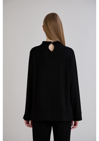 Dikiş Detay Bisiklet Yaka Modal Sweatshirt Siyah