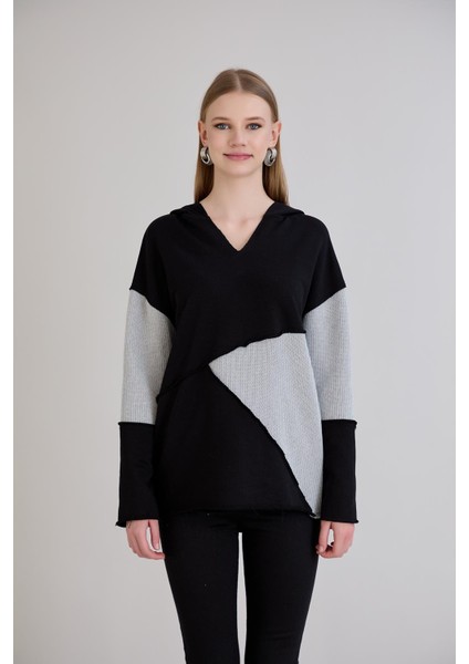 Pis Dikişli Triko Garnili Kapüşonlu Sweatshirt