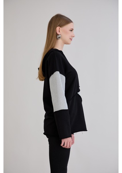 Pis Dikişli Triko Garnili Kapüşonlu Sweatshirt