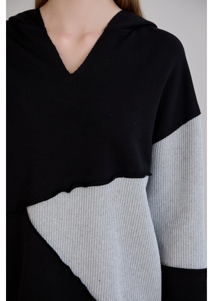 Pis Dikişli Triko Garnili Kapüşonlu Sweatshirt