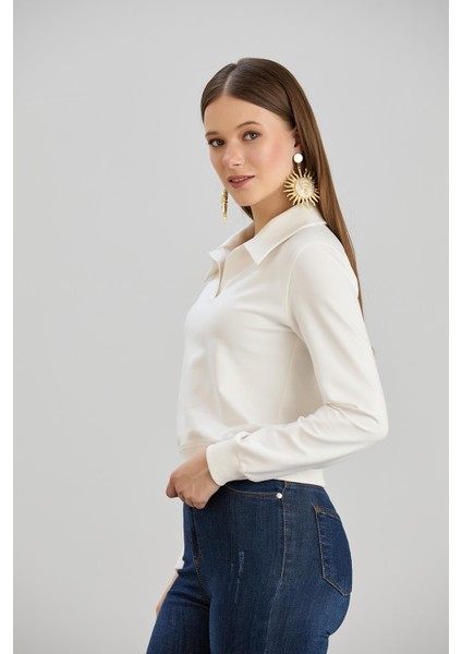 Kadın Gömlek Yaka İki İplik Basic Ekru Crop Sweatshirt fiyatları