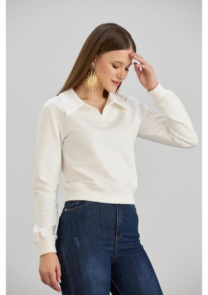Kadın Gömlek Yaka İki İplik Basic Ekru Crop Sweatshirt modelleri
