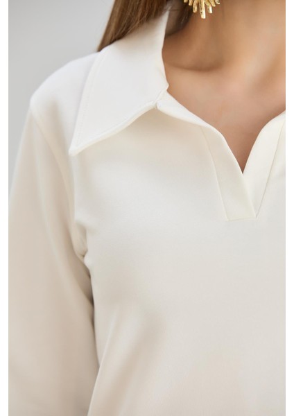 Kadın Gömlek Yaka İki İplik Basic Ekru Crop Sweatshirt fırsatları