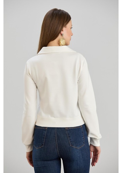 Kadın Gömlek Yaka İki İplik Basic Ekru Crop Sweatshirt indirimleri