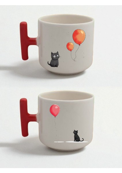 Balon Kedi Baskılı 2'li Latte Bardağı - Hediye Fikirleri Kadın, Ev Hediyesi Önerileri