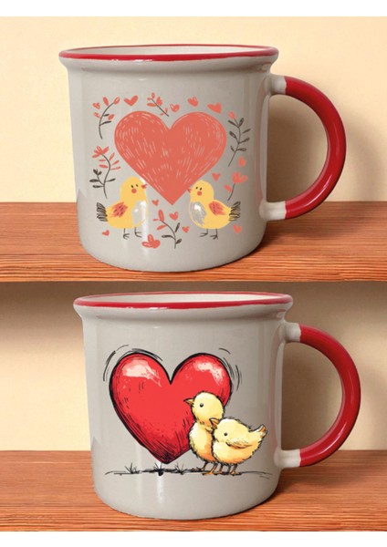 Kalp Civciv Baskılı Ağzı Kırmızı 2'li Kupa - Erkeğe Hediye Fikirleri, Öğretmen Hediyeleri