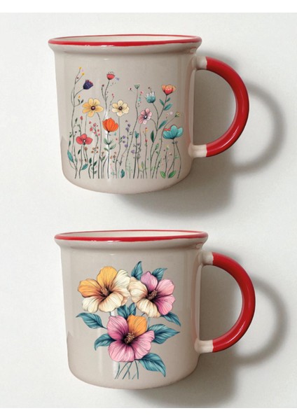 Çiçekli 2'li Ağzı Kırmızı Bardak - Sevgiliye Hediye Kutusu Ürünü, En Güzel Doğum Günü Hediyesi