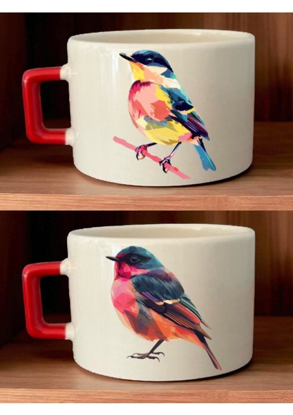Renkli Kuş Baskılı Kahve Fincanı - Annelere Hediye, Yeni Yıl Hediyesi, Anne Hediyeleri