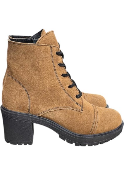 Taba Hakiki Süet Bağcık Detay Yandan Fermuarlı Kalın Topuk Bot