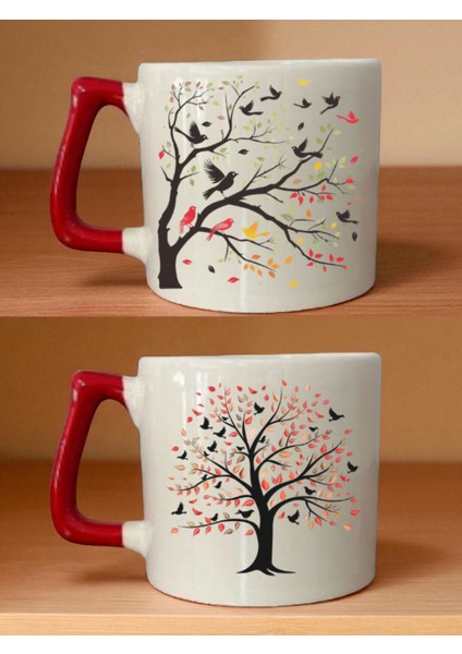 Ağaçta Kuş Kırmızı Kulplu Kupa - Erkeğe Alınacak Hediye, Erkek Sevgili Hediyeleri, Çocuk Hediye