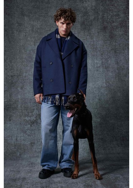 Erkek Oversize Kruvaze Kaban Lacivert