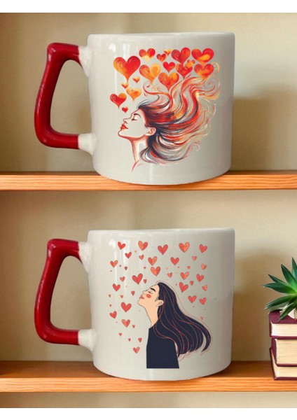 Kalpli Kadın Baskılı 2'li Kupa - Kalp Hediye Kutusu Ürünü, Karıma Doğum Günü Hediyesi