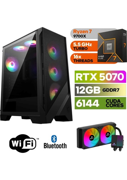 Şafak-Gaming Pc Ddr5-Rtx 5070 12GB -Ryzen 7 9700X – 32 GB Ddr5 Ram – 1 Tb M.2 SSD 5000 4000 – 240MM Sıvı Sogutma -Windows 11 Pro-