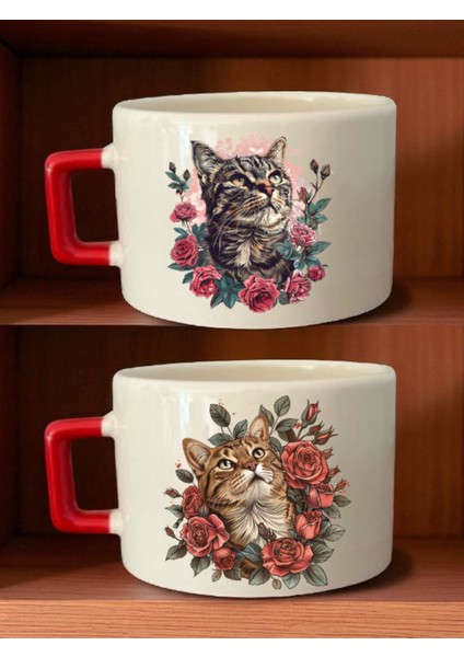 Çiçekler Içinde Kedi Baskılı Kahve Fincanı - Öğretmenler Günü Hediyeleri, Hediyelik Eşya