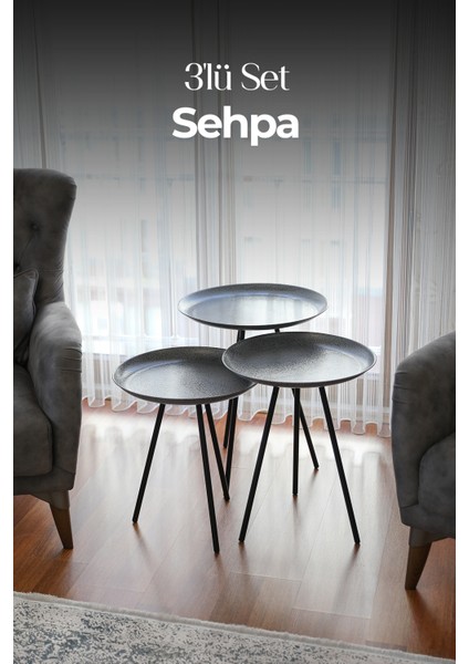 Tripod Sehpa Takımı – 3’lü Metal Dekoratif Yan Sehpa Seti