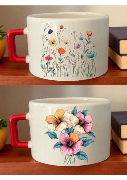 Çiçekler Baskılı 2'li Kahve Fincanı - Sevgili Doğum Günü Hediyesi, Kocama Doğum Günü Hediyesi