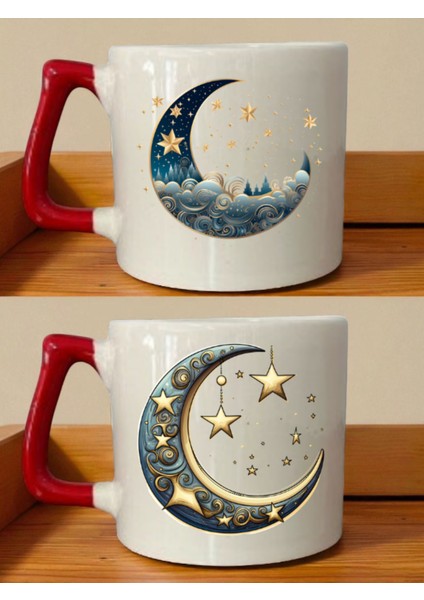 Ay Teması Baskılı 2'li Kupa Bardak - 1 Yaş Doğum Günü Hediyesi, Erkek Sevgiliye Alınacak Hediyeler