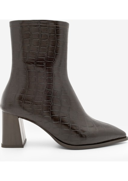 Kadın Kalın Topuklu Sivri Burun Bot Simva Kahve Croco modelleri