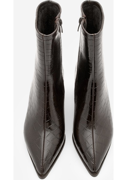 Kadın Kalın Topuklu Sivri Burun Bot Simva Kahve Croco