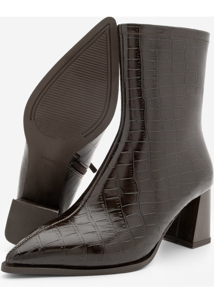 Kadın Kalın Topuklu Sivri Burun Bot Simva Kahve Croco