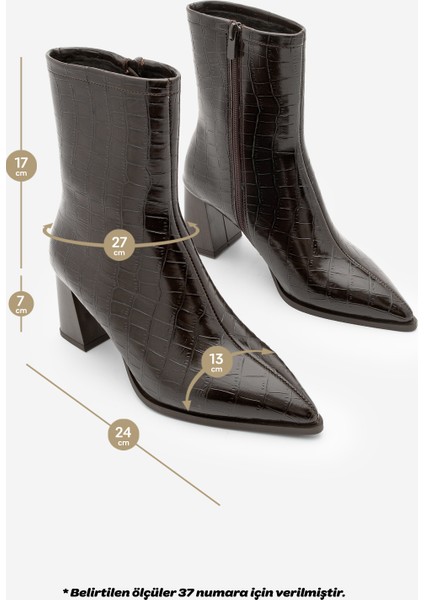 Kadın Kalın Topuklu Sivri Burun Bot Simva Kahve Croco