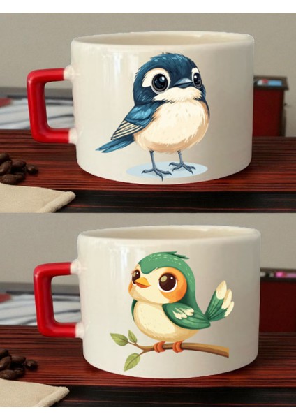 Sevimli Kuş Baskılı 2'li Kahve Fincanı - Hediyelik Ürünler, Babalar Için Doğum Günü Hediyesi