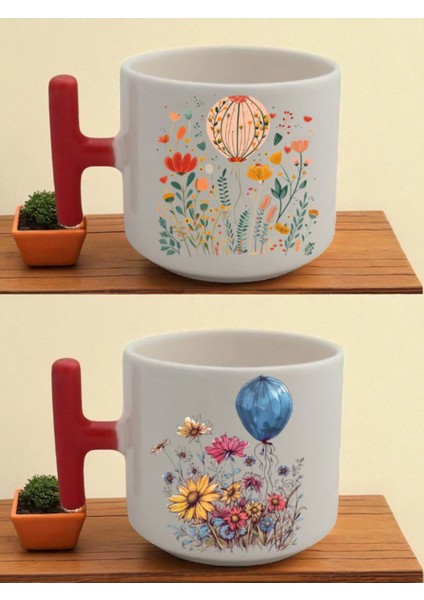 Çiçek Balon Baslılı 2'li Latte Bardağı - Sevgililer Günü Hediyesi Kadın, Ablaya Doğum Günü Hediyesi