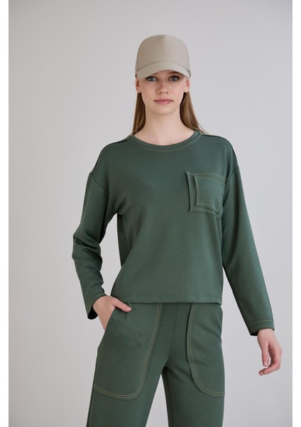 Dikiş Detay Bisiklet Yaka Modal Sweatshirt Haki