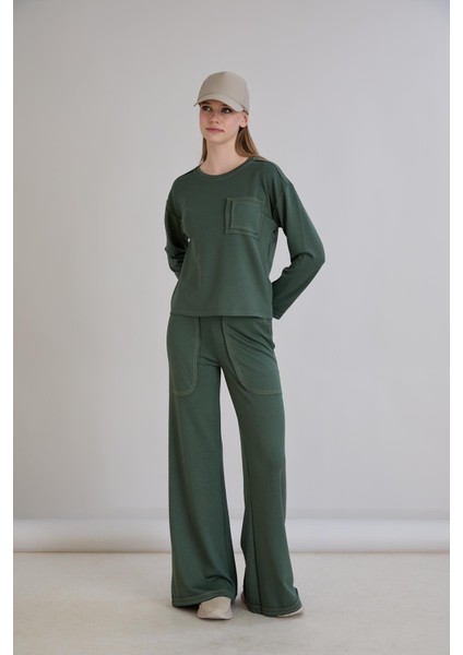 Dikiş Detay Bisiklet Yaka Modal Sweatshirt Haki fiyatları