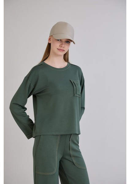 Dikiş Detay Bisiklet Yaka Modal Sweatshirt Haki modelleri