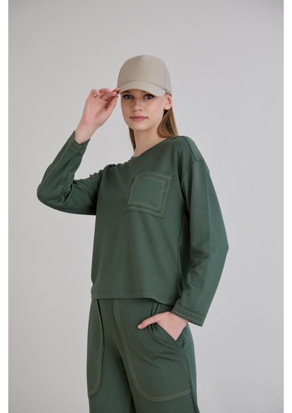 Dikiş Detay Bisiklet Yaka Modal Sweatshirt Haki fırsatları