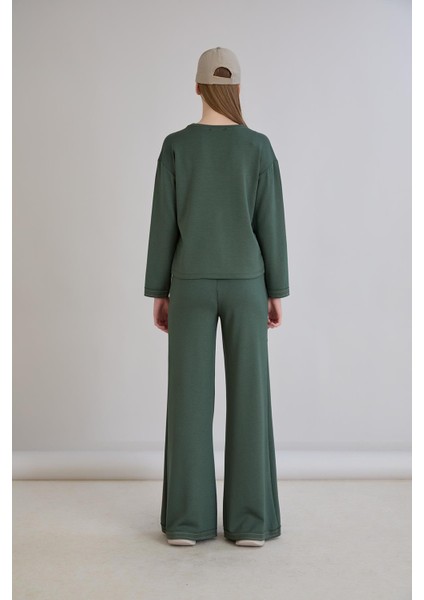 Dikiş Detay Bisiklet Yaka Modal Sweatshirt Haki