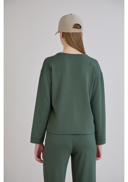 Dikiş Detay Bisiklet Yaka Modal Sweatshirt Haki