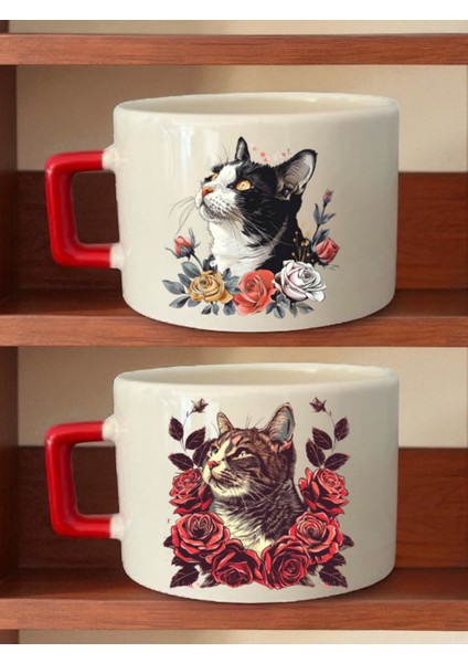 Çiçekli Kedi Baskılı Kahve Fincanı - Öğretmenler Günü Hediyeleri, Hediyelik Eşya
