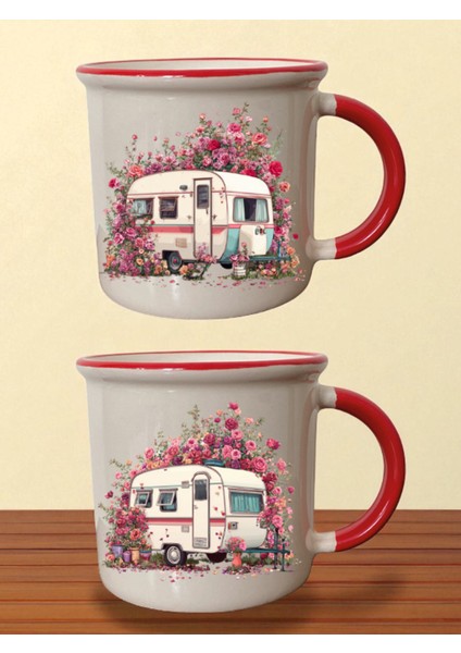 Çiçekli Karavan Ağzı Kırmızı Bardak - Erkek Sevgiliye Hediye, Arkadaşa Doğum Günü Hediyesi