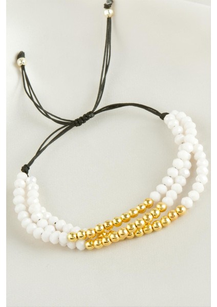 Sepetim Top Metal Üçlü Kristal Bileklik-Krem