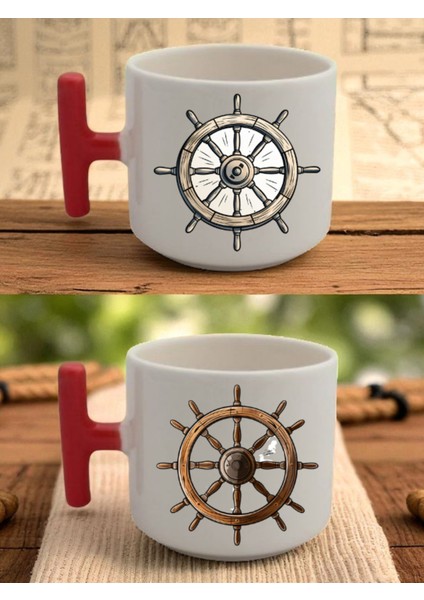 Gemi Dümeni Teması Baskılı 2'li Latte Bardağı - Yılbaşı Hediyeleri Kadın, Bebek Doğum Hediyelikleri