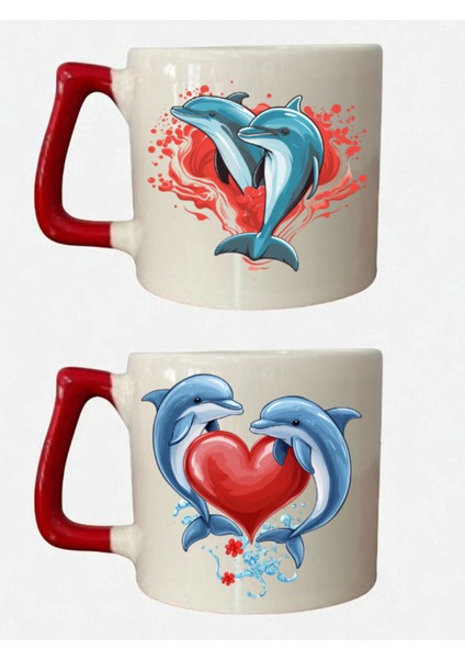 Kalpli Yunus Baskılı 2'li Kupa - Kız Bebek Hediye, Masa Üstü Hediyelik, Öğretmen Için Hediye