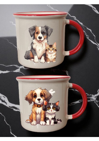 Kedili Köpek 2'li Ağzı Kırmızı Kupa - Kız Çocuğuna Hediye, Babaya Hediye Fikirleri, Kutu Hediye Ürün