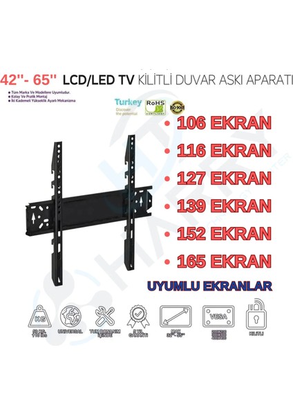 Onvo Televizyon ile Uyumlu Kilitli LCD Askı Aparatı Sabit 42"/55"/65" 106-120-139-140-152-165CM