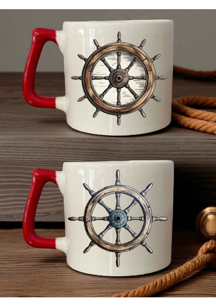 Gemi Dümeni Baskılı 2'li Kupa - Öğretmenler Günü Hediyesi Erkek, Mezuniyet Hediyeleri