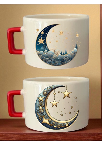 Ay Teması Baskılı 2'li Kahve Fincanı - Anneye Alınacak Hediyeler, Yılbaşı Hediyesi Fikirleri