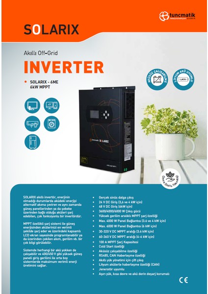 Solarix 6 Kw 6000 W Watt 48 V Volt 100 A Amper Yüksek Voltaj Mppt Akıllı Solar Inverter Invertör modelleri