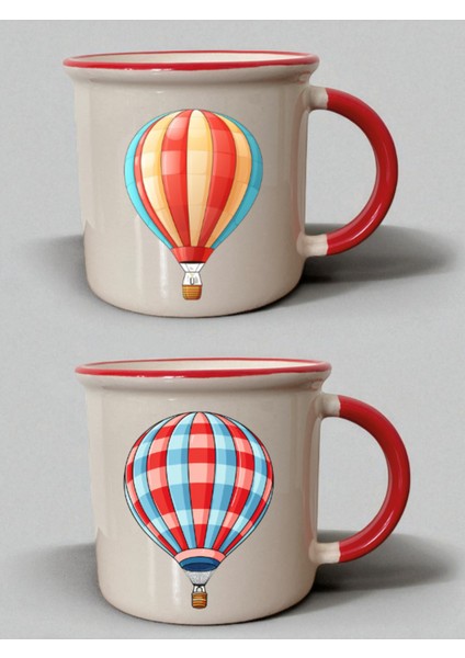 Balon Baskılı Ağzı Kırmızı 2'li Kupa - Kocaya Doğum Günü Hediyesi, Sevgiliye Hediye Fikirleri