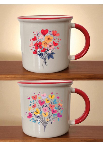 Çiçek Buketi Baskılı Ağzı Kırmızı Kupa - Sevgililer Günü Hediyeleri, Sevgiliye Hediye