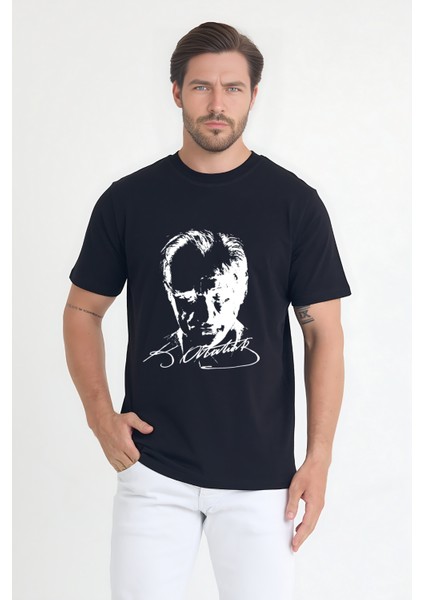 Erkek Bisiklet Yaka Kısa Kollu Atatürk Baskılı %100 Pamuk T-Shirt