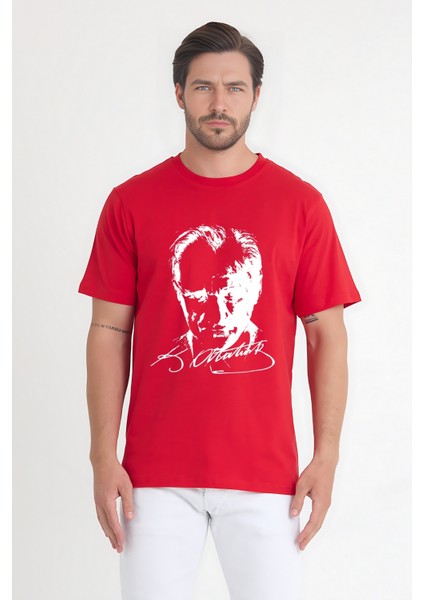 Erkek Bisiklet Yaka Kısa Kollu Atatürk Baskılı %100 Pamuk T-Shirt